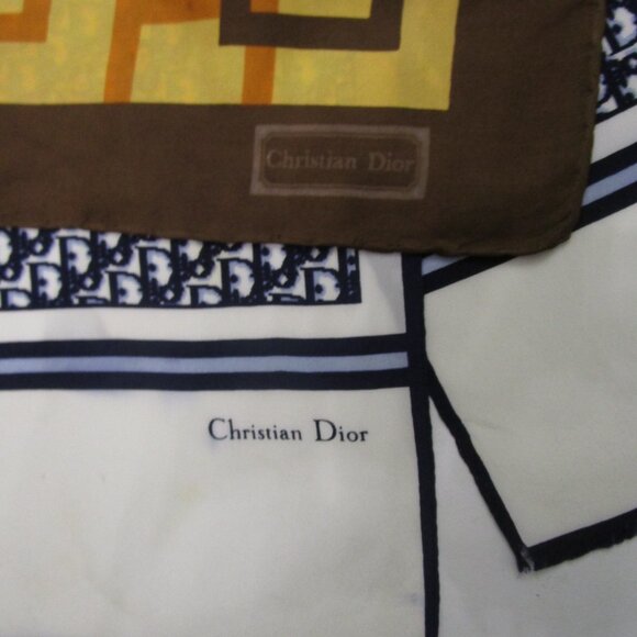 2 Silk Scarfs Logo Navy Oblong Rolled Hem French Designer - Picture 4 of 16